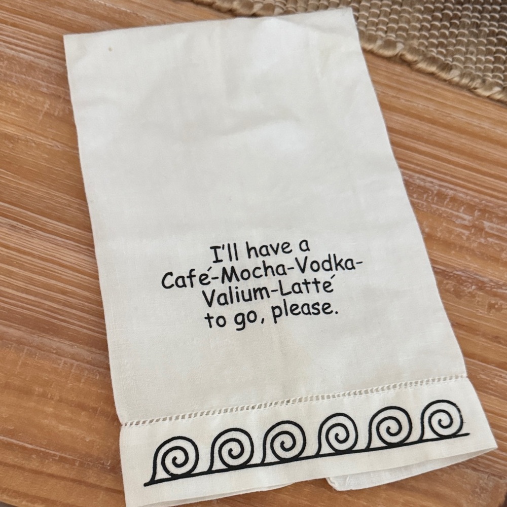 White Linen Kitchen Towel with Black Swirl Design